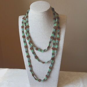 Boho hippie green Daisy Seed Bead Chain Necklace 45 inches long